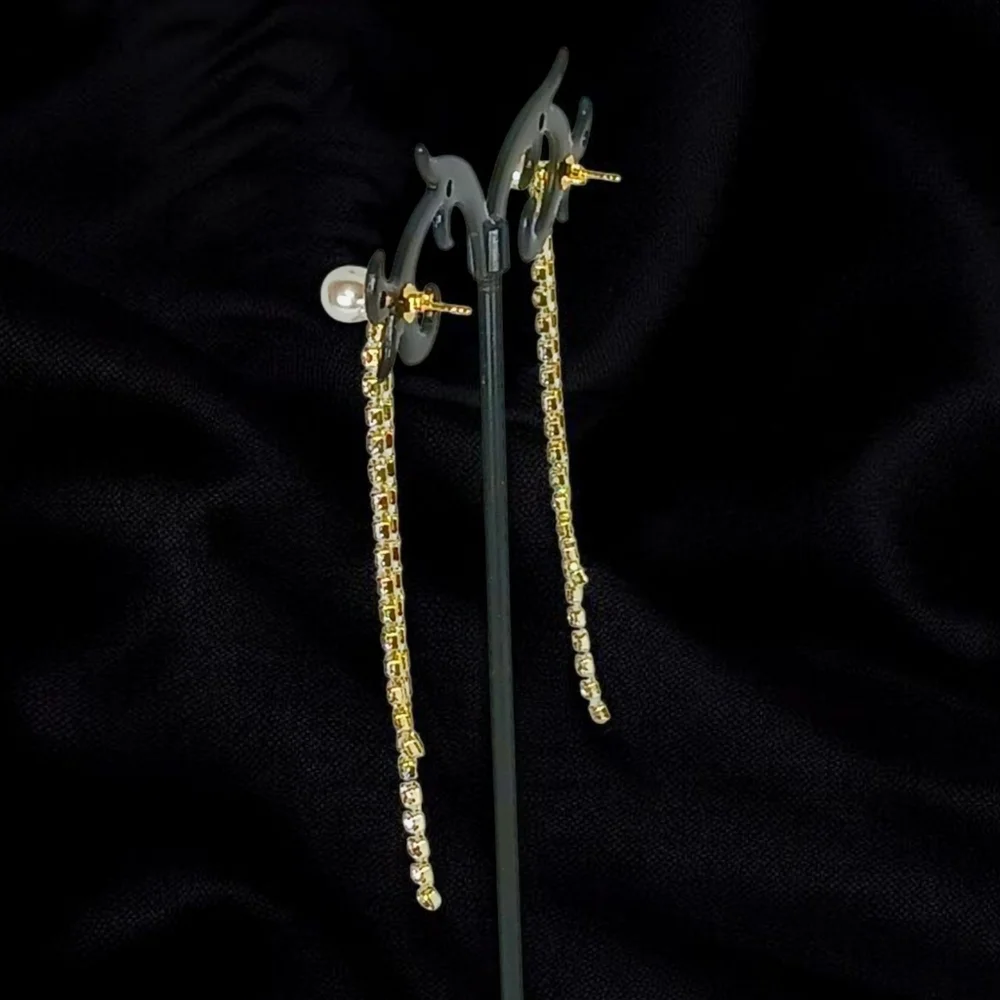 Pearl Stud Earrings Gold Linear Drop Rhinestone Tassel Modern Retro Glam Bling